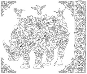 Floral rhino. Adult coloring book page with fantasy animal and flower elements.