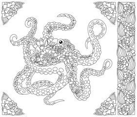 Floral octopus. Adult coloring book page with fantasy animal and flower elements.