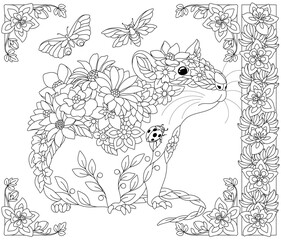 Floral mouse. Adult coloring book page with fantasy animal and flower elements.