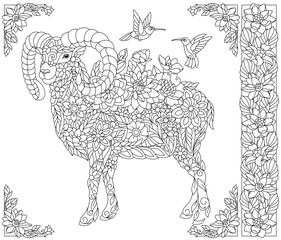 Floral ram. Adult coloring book page with fantasy animal and flower elements.