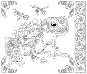 Floral frog. Adult coloring book page with fantasy animal and flower elements.