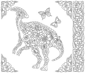 Floral hadrosaurus dinosaur. Adult coloring book page with fantasy animal and flower elements.