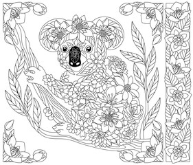 Floral koala bear. Adult coloring book page with fantasy animal and flower elements.