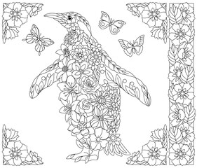 Floral penguin. Adult coloring book page with fantasy animal and flower elements.