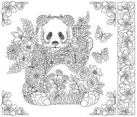 Floral panda bear. Adult coloring book page with fantasy animal and flower elements.