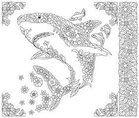 Floral shark. Adult coloring book page with fantasy animal and flower elements.
