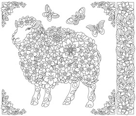 Floral sheep. Adult coloring book page with fantasy animal and flower elements.