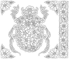 Floral scarab beetle. Adult coloring book page with fantasy animal and flower elements.