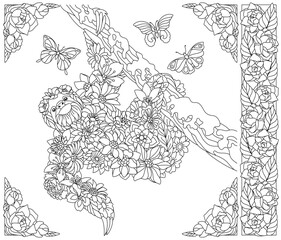 Floral sloth. Adult coloring book page with fantasy animal and flower elements.
