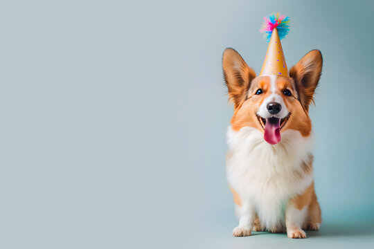 Happy Corgi dog with birthday party hat isolated on blue pastel background, copy space for text, digital art, ai generated