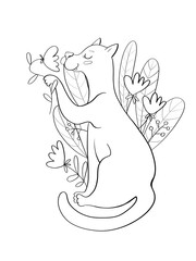 simple illustration cartoon childish style contour line character cat cute in flowers plants for cover postcard print media