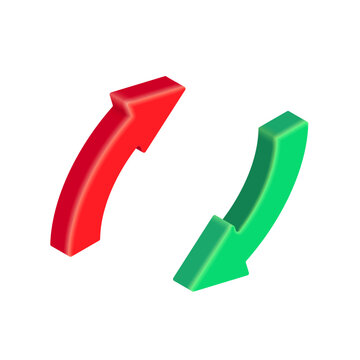 3D Red and Green Exchange, Refresh circle arrows. Vector isometric round reload arrow icon isolated on white background. 3D recycle design element for app, web, advert.