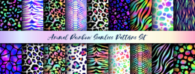 Trendy Rainbow Wild Animals seamless patterns set. Vector gradient leopard, cheetah, tiger, snake, zebra and giraffe skin texture with neon spots for fashion print design, backgrounds, wallpapers.