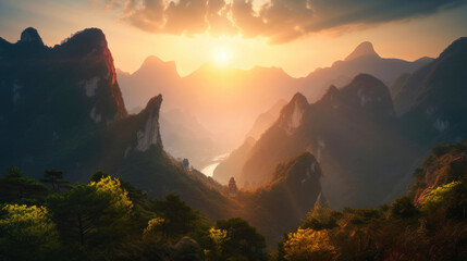 Beautiful sunset over a mountain range. Generative AI