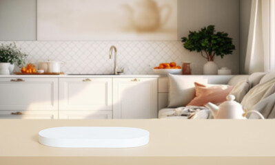 Obraz na płótnie Canvas Epmty place for product on podium or pedestal on bright modern kitchen background. Kitchen mock up. AI generated
