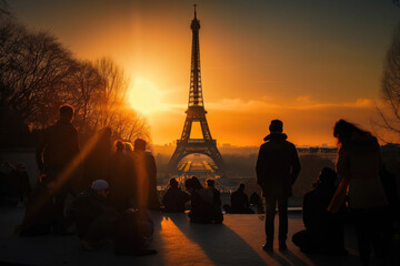 Eiffel Tower at sunset in Paris, France. Generative AI