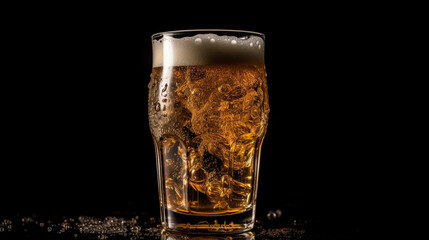 Glass with bubbly beer. Generative AI.
