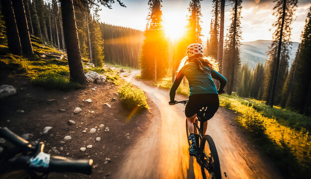 Mountain biking woman riding on bike in summer mountains forest landscape, AI generative