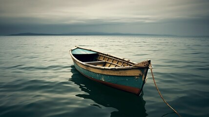 Naklejka premium old wooden boat on a lake generative ai