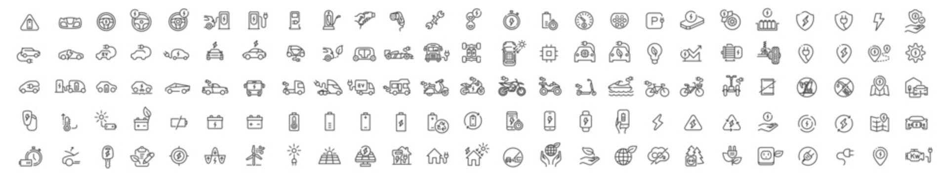 This vector icon pack includes high-quality icons of modern and sleek electric vehicles, such as cars, bikes, buses, and trucks. Crafted with minimalist lines, these icons are perfect for presentation