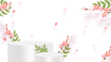Obraz na płótnie Canvas Abstract minimal scene with geometric forms. cylinder podium in pink background with pink sakura flower. product presentation, mockup, show product, podium, stage pedestal or platform. 3d vector