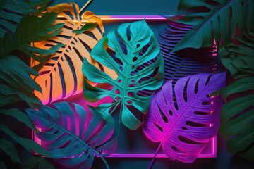 Fototapeta na wymiar Tropical leaves on neon frame background. Generative ai.