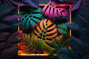 Tropical leaves on neon frame background. Generative ai.