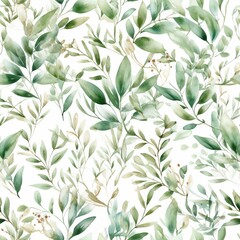 Watercolor botanical organize , a composition of green clears out and branches.Seamless pattern, AI Generated