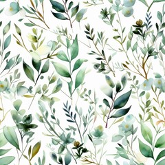 Reliable watercolor blossom plan , a composition of green clears out and branches Seamless pattern,AI generation
