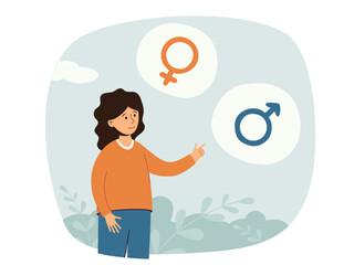 Gender identity transition concept. Girl makes a choice about her gender identity. Gender reassignment. People on thought bubbles with male and female icons in the background. Isolated vector.