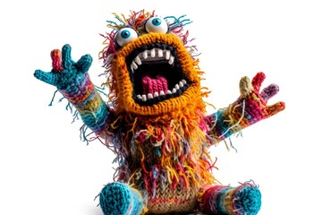 Cute knitted monster on white background. Generative ai
