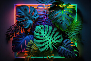 Tropical leaves on neon frame background. Generative ai.