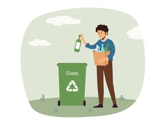 Man sorting the garbage. Boy throws glass trash in a trash can. Care for environment. Trash can or recycling and reuse container. Isolated vector illustration.