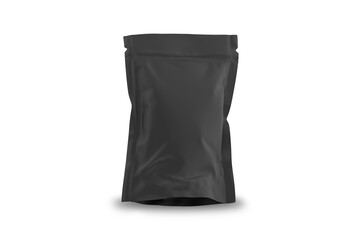Coffee bag. Black zip foil package blank mockup. Nuts pouch food pack design. Protein nutrition product sachet, front side view template. Matte paper tea bag.3d rendering.