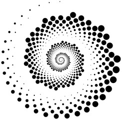 Op art Spiral with dots in circle as endless symbol. Abstract geometric art line background, logo, icon or tattoo. Psychedelic rotating optical illusion in vector