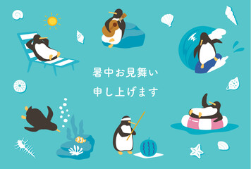海辺でバカンスを楽しむペンギンの暑中見舞い - obrazy, fototapety, plakaty