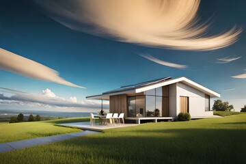 Modern home with solar panels on the roof under a bright sky. Generative AI