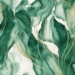 An bewildering and progressed organize with exceptional green watercolor clears out, liquid marble surface, and a brilliant line . Seamless pattern, AI Generated - obrazy, fototapety, plakaty