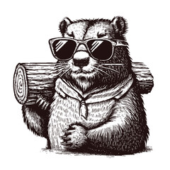cool beaver wearing sunglasses and holding a log illustration  - obrazy, fototapety, plakaty