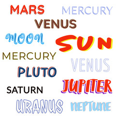 set of 12 colorful astro words, arty symbolic representation of lettering of the 10 planets in colors and shapes of the respective zodiac sign, word cloud