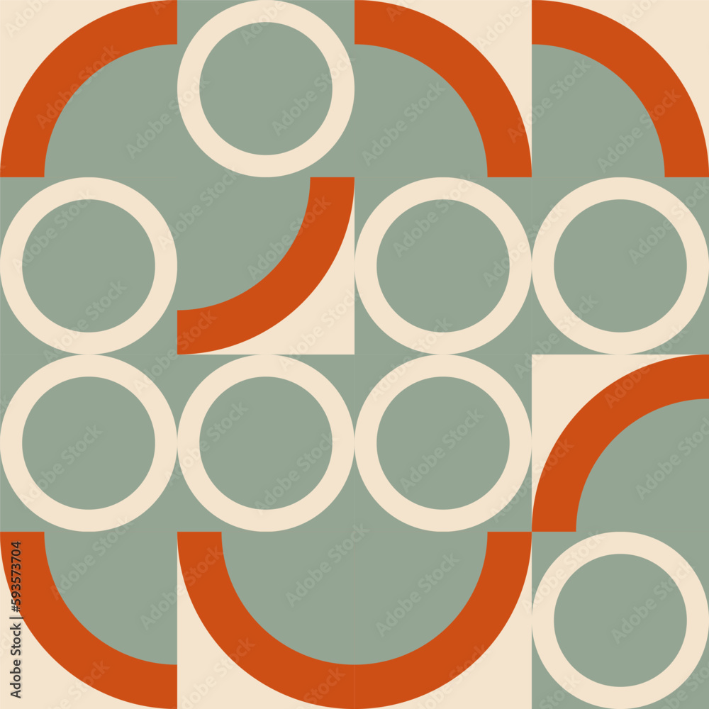 Poster Simple geometric seamless pattern. Modern abstract background with circle, semi circle, square, rectangle stripe shapes in pastel colors.