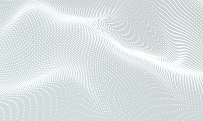 Gray and white abstract background with flowing particles. Big data visualization digital dynamic wave of particles. Dots particles wave pattern. Technology, science, music, modern. Vector EPS10.