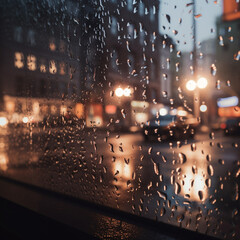 a close up of a window with rain on it and cars driving down the street. Generative Ai
