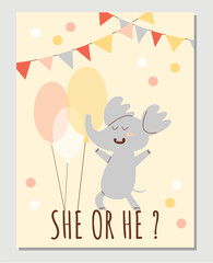 Poster or vertical banner with funny elephant for baby shower party flat style