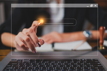 Hand pointing at search button on screen or destop. Concept of search information and data,...