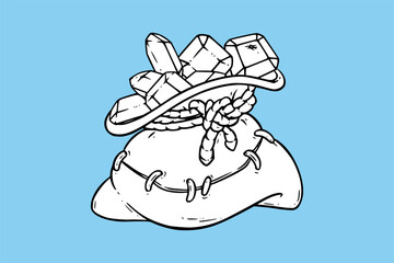 Bag with gem stones. Game sack with prescious stones like diamond or emerald. Vector illustration isolated on blue backround