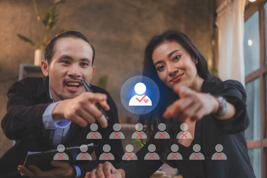 Human resources HR is searching for a right person with good heart for a job position. Concept of hiring, selection, interview, recruitment, soft skill and hard skill. Company employee match. 