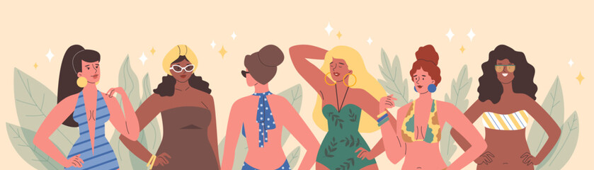Multiracial women in swimsuits and fashion accessories, flat vector illustration.