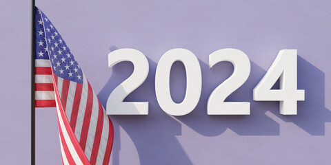 2024 Happy New Year America. USA flag and year number on pastel purple wall background. 3d render