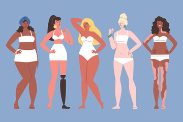 Set of women in white swimsuits flat style, vector illustration